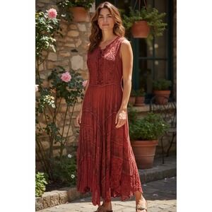 Sakkas Embroidered Beaded Maxi Dress Womens L/XL  Boho Fairy Peasant Cottagecore